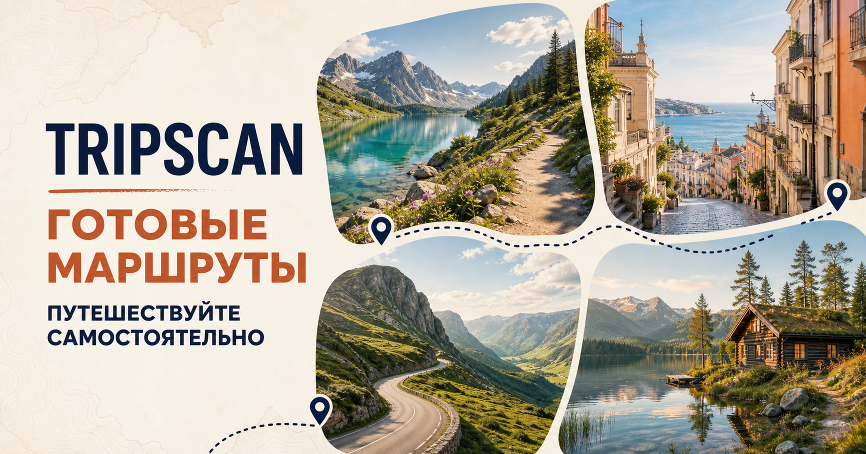 Коллаж маршрутов TripScan: горы, город, дорога и северное озеро